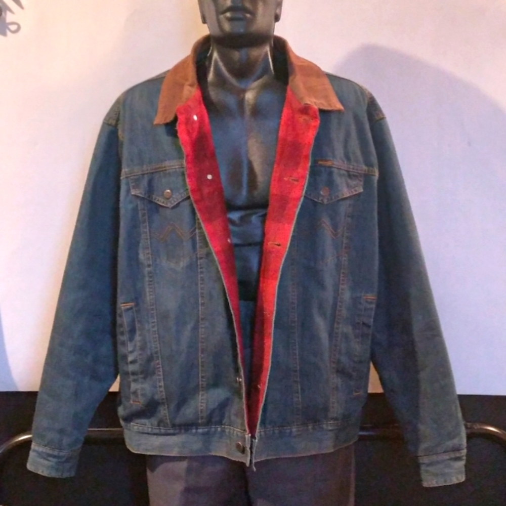 Mens Wrangler Blanket Lined Red Flannel Truckers Work Jean Jacket